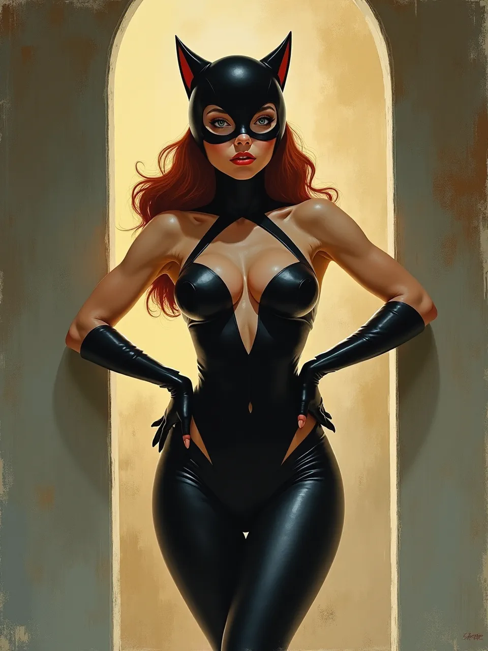 This stunning Boris Vallejo-style Catwoman oil painting features dramatic backlighting, accentuating glossy latex and realistic skin textures with masterful painterly brushwork. A captivating, iconic hero rendered beautifully.
