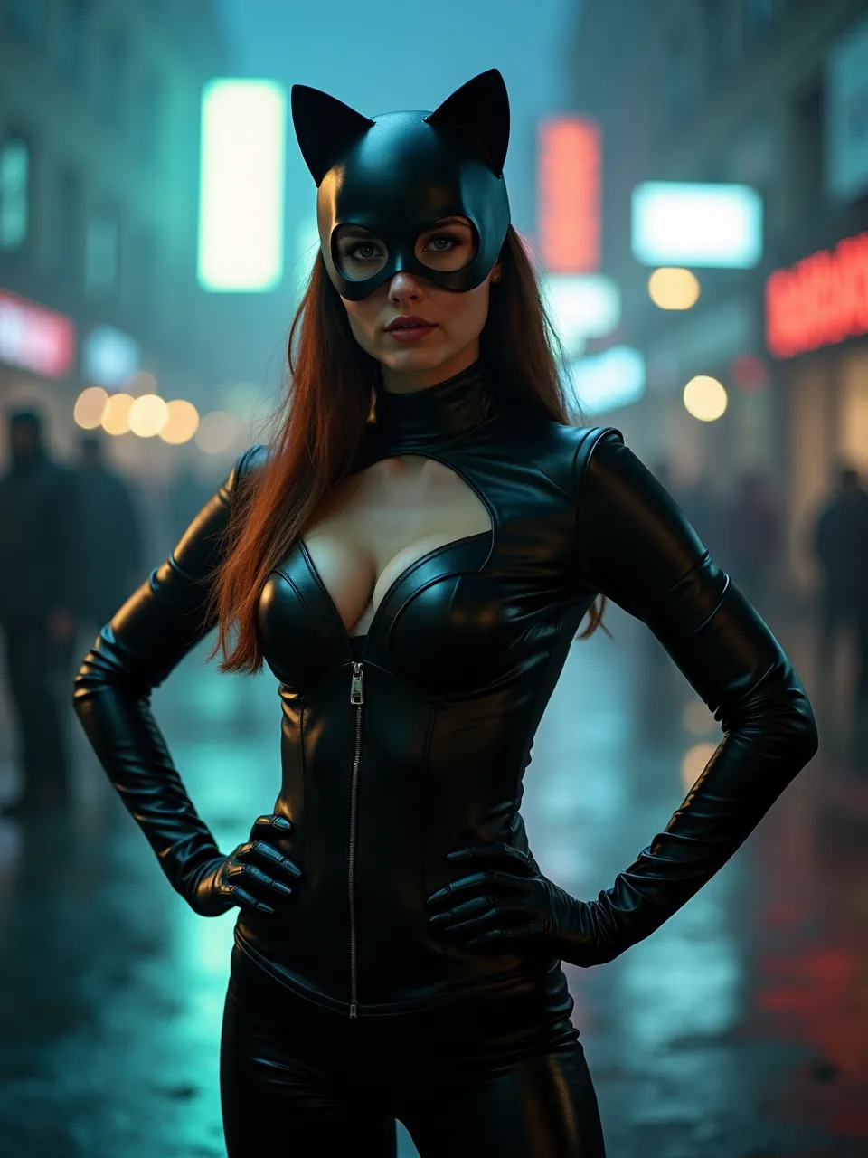 This Flux AI Catwoman generation embodies Brandon Woelfel's style with dreamy, vibrant neon bokeh lighting. Sleek leather textures gleam, creating a moody, atmospheric digital art masterpiece.