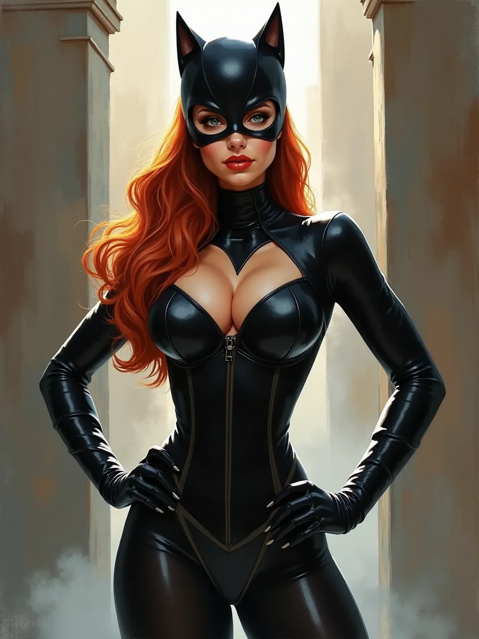This striking Catwoman digital painting, in Brent Heighton's iconic style, features dramatic lighting emphasizing glossy suit textures and vibrant red hair, a rich artistic medium.