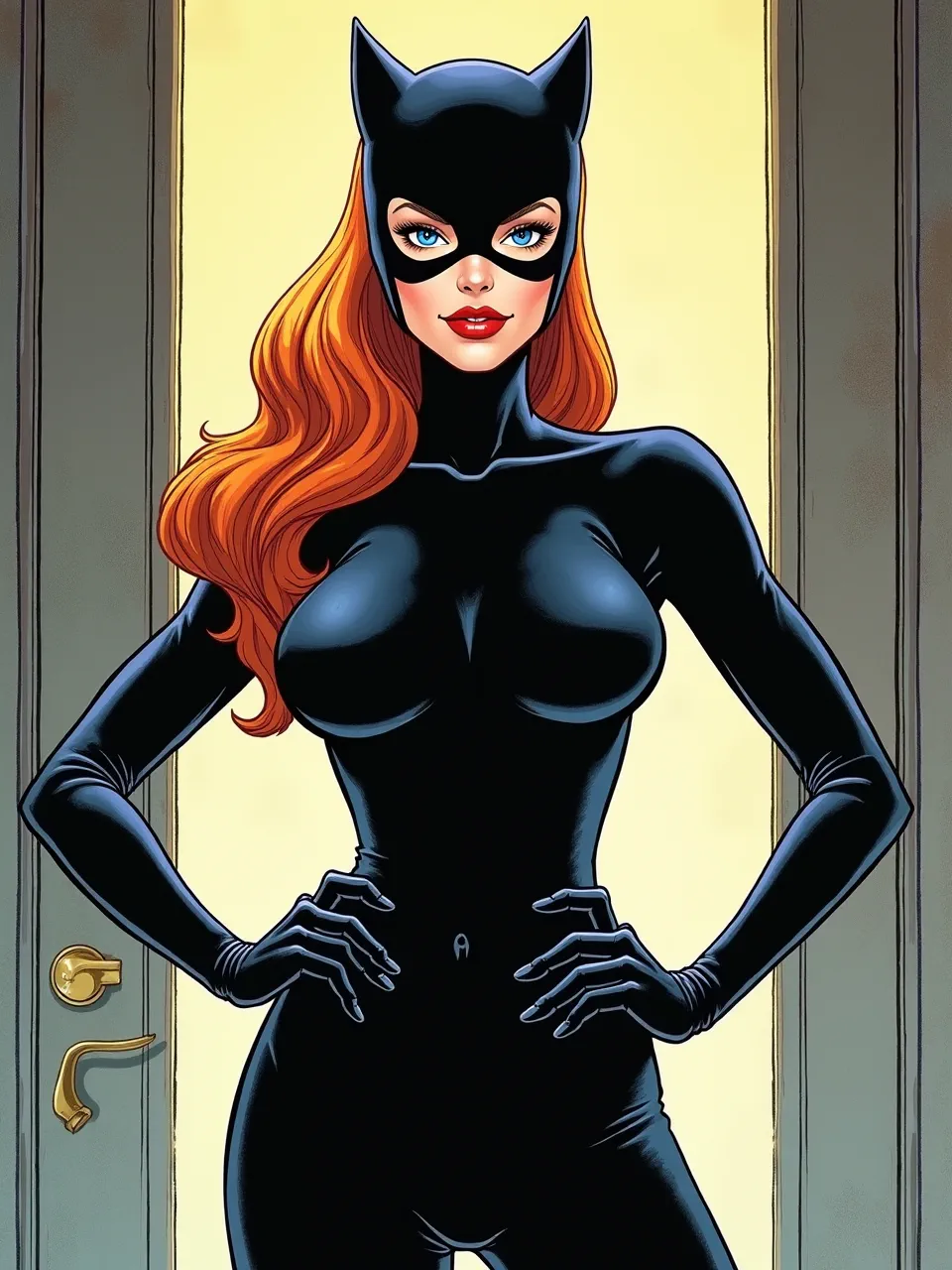 This striking Catwoman image, channeling Brian Bolland's iconic comic book precision, features dramatic lighting on glossy suit textures and radiant red hair, rendered with meticulous digital artistry.