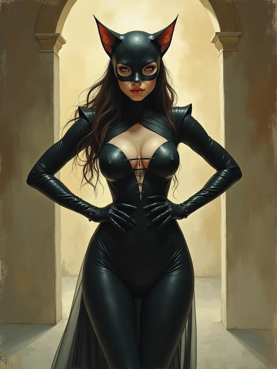 This Brian Froud-styled Catwoman AI digital painting features dramatic lighting, sculpting shiny leather textures against a painterly background, creating a unique, captivating artistic medium interpretation.