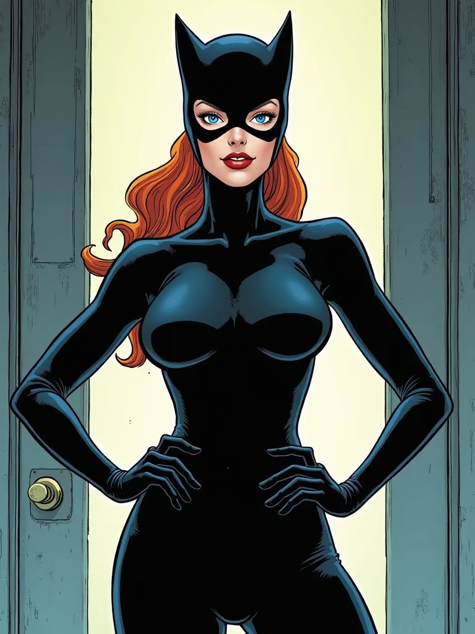 Experience Catwoman in stunning digital comic art, inspired by Brian K. Vaughan's style, highlighting crisp lighting and sleek, glossy textures. A captivating superheroine masterpiece.
