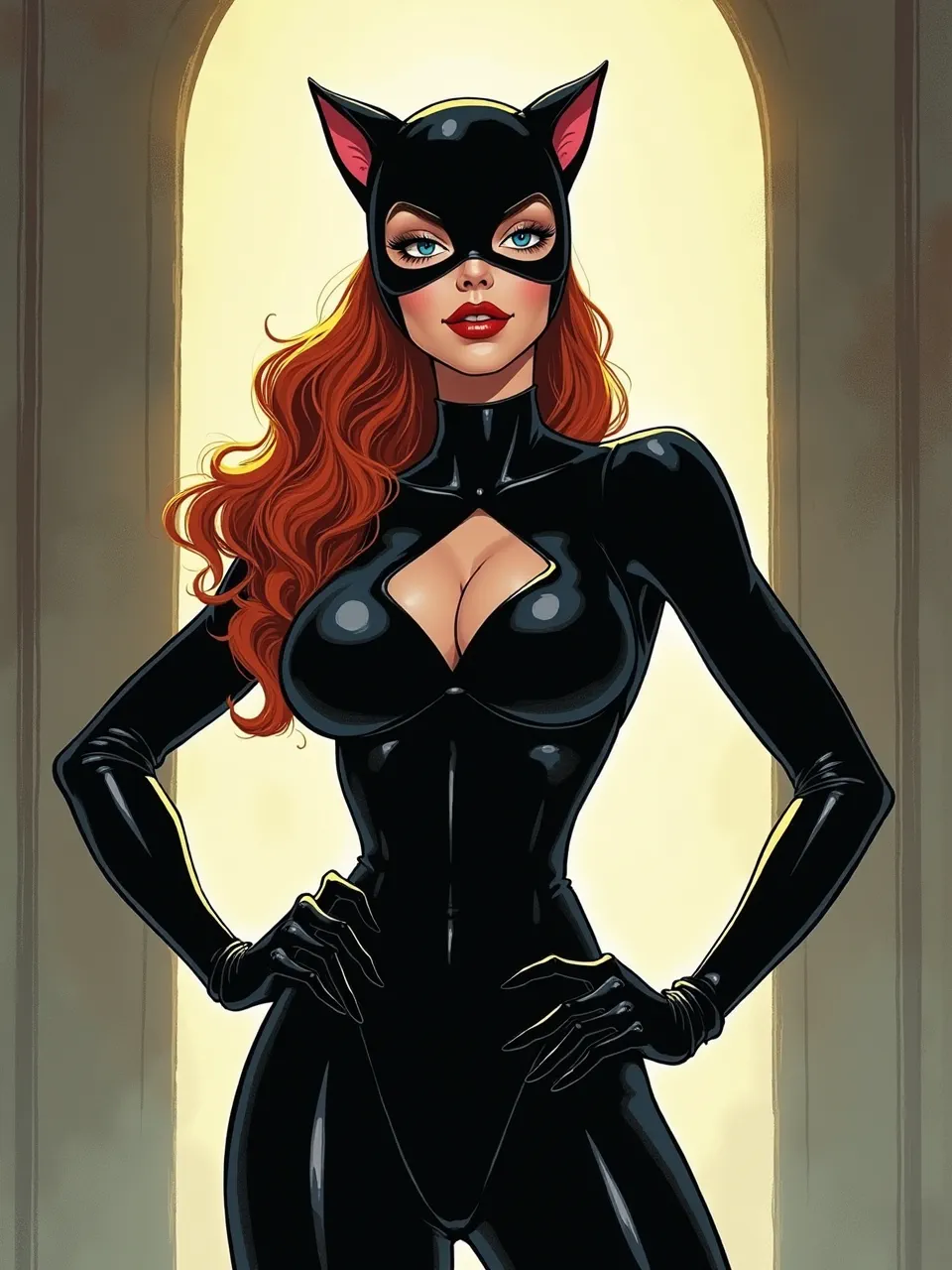 Brian Kesinger's Catwoman shines vividly in this dynamic digital illustration. Dramatic backlighting accentuates her glossy, reflective suit textures and vibrant hair, rendered with crisp, clean lines.