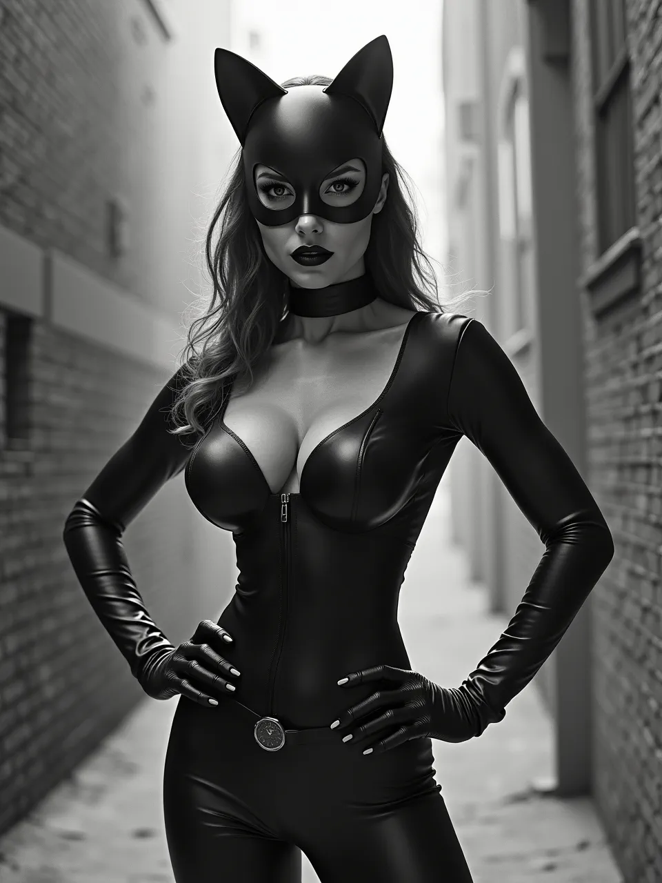 Brian Mashburn-style Catwoman, a captivating digital generation with dramatic grayscale lighting and sleek leather textures, expertly emulating a photorealistic oil painting.