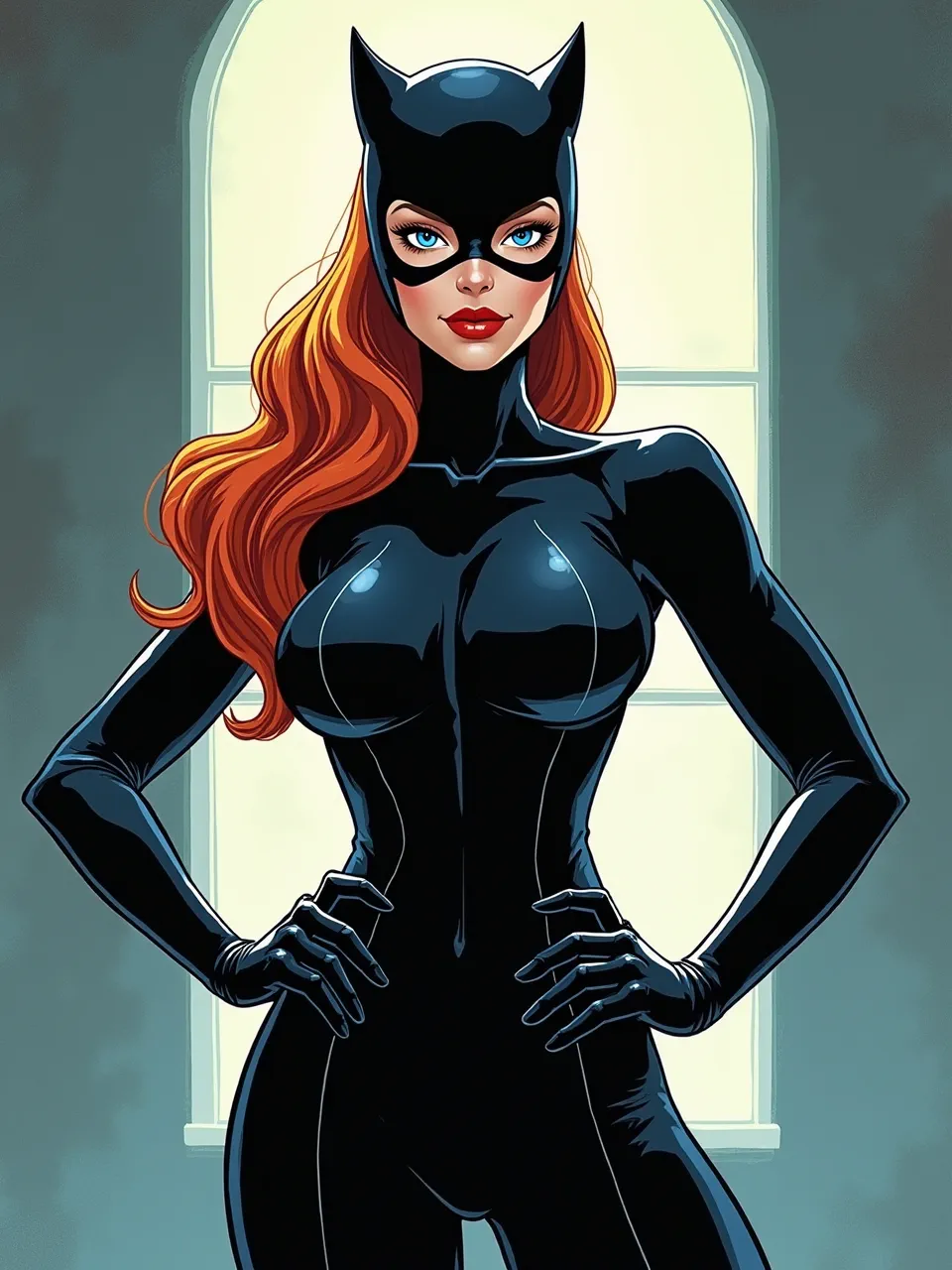 Catwoman shines in Brian Stelfreeze's dynamic style, featuring striking backlighting, glossy suit textures, vibrant hair, and digital ink artistry, captured brilliantly as an AI generation.