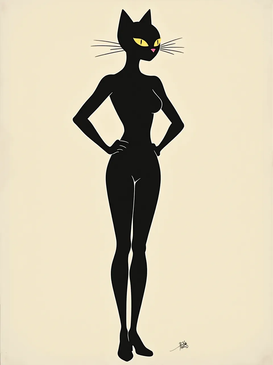 Bridget Riley's crisp aesthetic redefines Catwoman. This minimalist digital print showcases stark, flat lighting and smooth textures, crafting an iconic, bold graphic silhouette.
