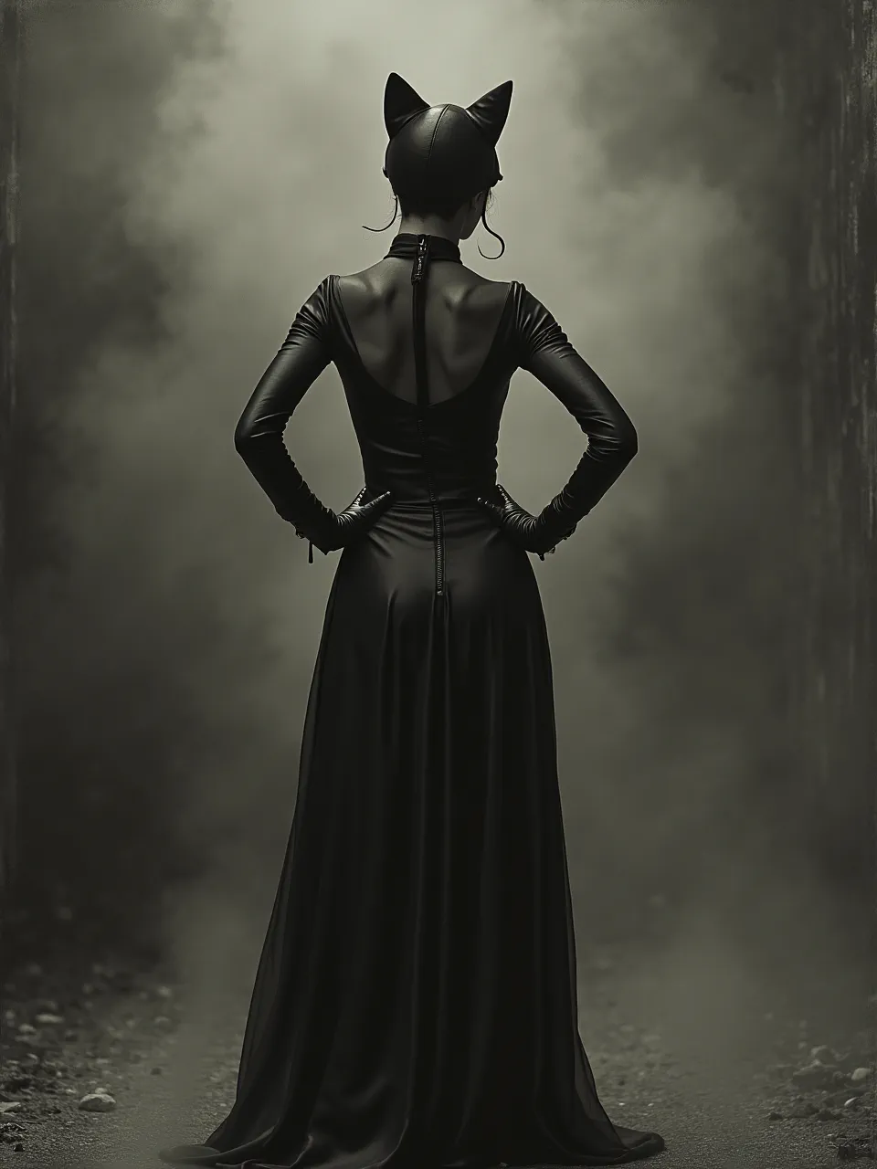 This captivating Catwoman digital art, inspired by Brooke Shaden's unique style, features dramatic monochrome lighting highlighting rich leather and flowing fabric textures, crafting a mystifying, atmospheric composition.