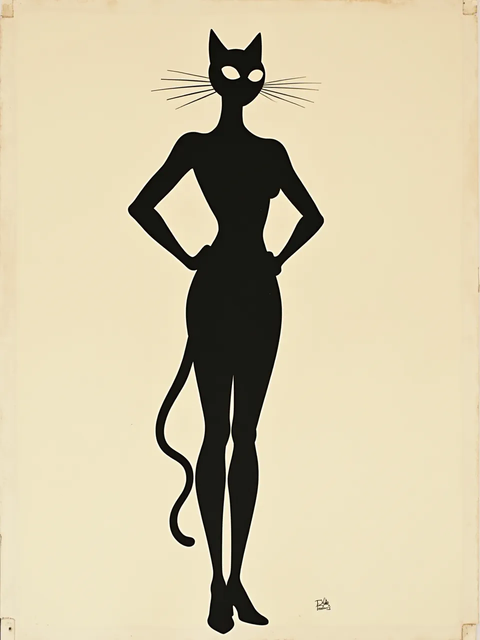 This Bruno Munari-inspired Catwoman silhouette boasts stark, flat lighting and smooth textures, showcasing a graphic print medium. A minimalist Flux AI art generation.