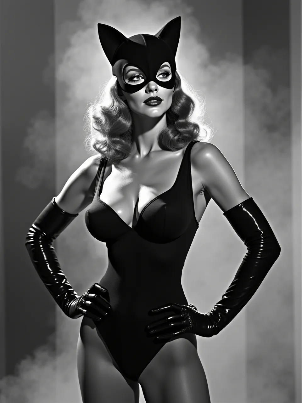 This Flux AI image, styled as Bunny Yeager's vintage black and white photography, features Catwoman. Dramatic lighting accentuates her glossy textures and retro allure, an iconic tribute.