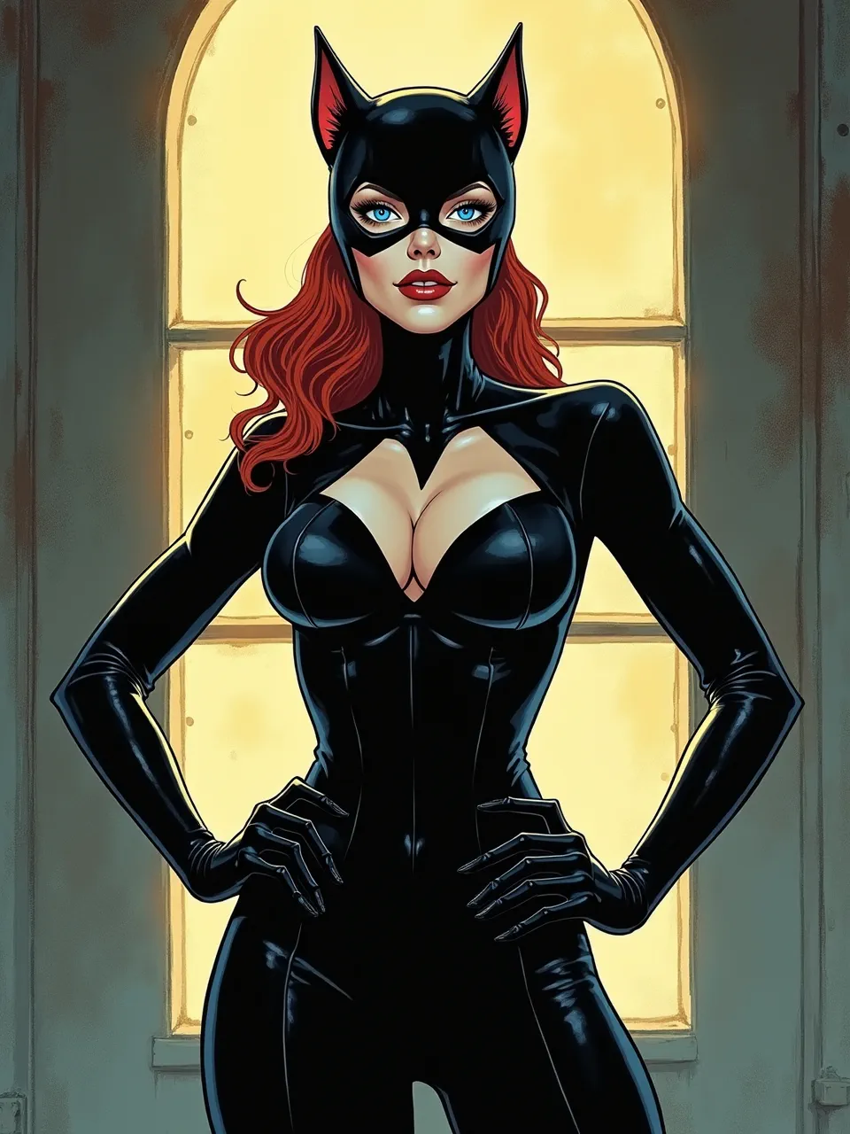 Butcher Billy's Catwoman pops with dynamic backlighting, emphasizing glossy suit textures and vibrant comic book styling. This striking digital art piece captures iconic pop art energy.