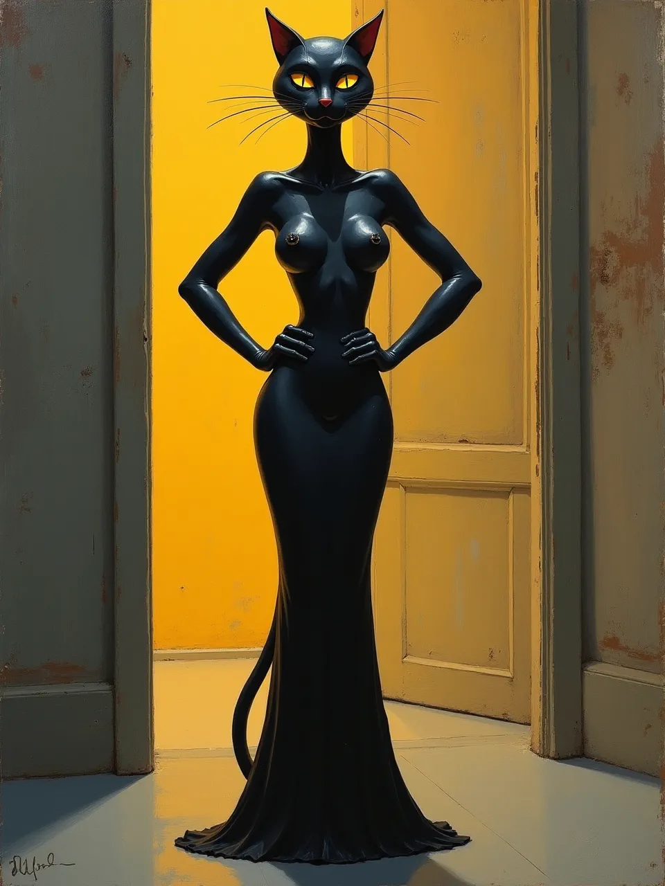 This Catwoman, infused with Candido Portinari's style, reveals striking AI-generated lighting and sleek textures. This digital painting exemplifies a powerful artistic medium.