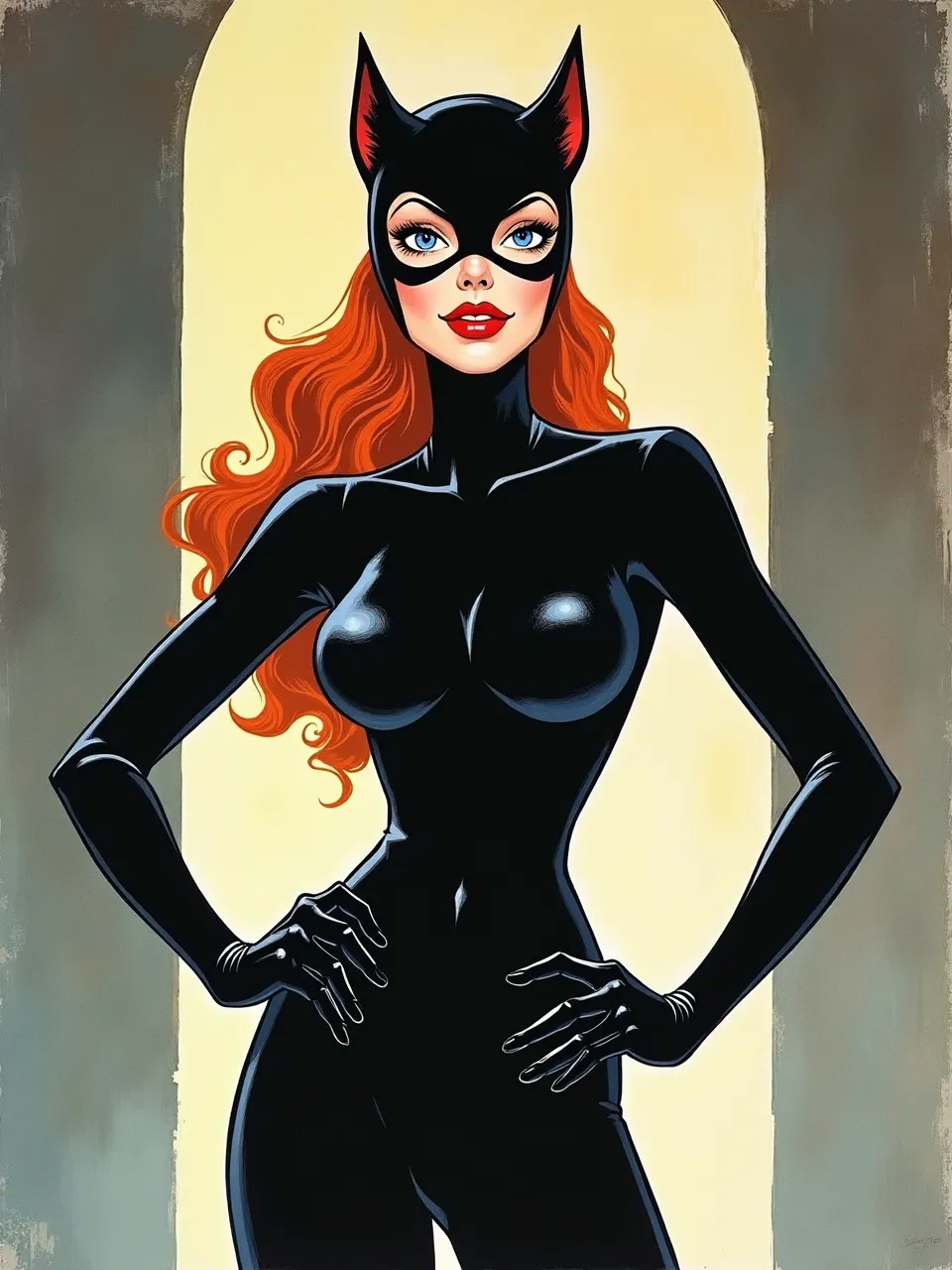 This Carmine Infantino-style Catwoman generation showcases dramatic backlighting, sleek glossy textures, and vibrant flat coloring, characteristic of classic comic book art and digital illustration.
