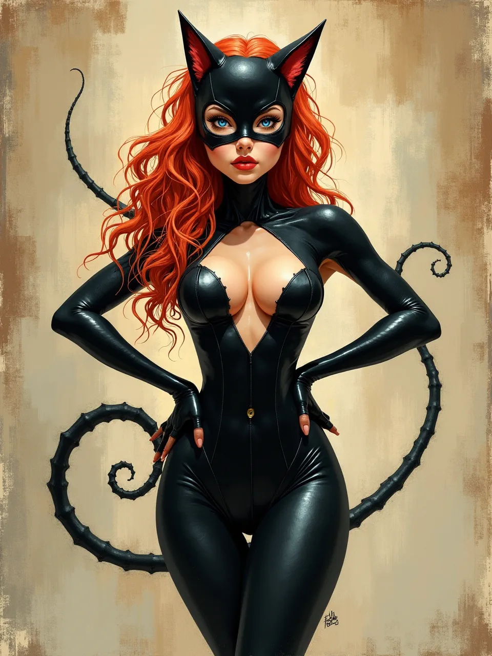 This vibrant Catwoman artwork, in Carne Griffiths' fluid ink and watercolor style, showcases dramatic lighting on her glossy textures, emphasizing her vibrant red hair.