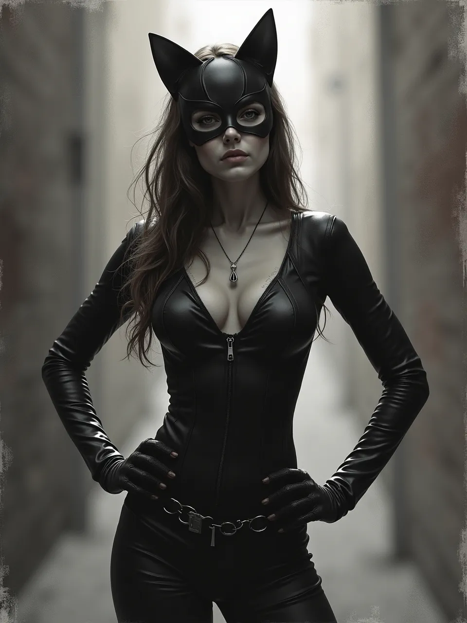 Experience Catwoman's allure, rendered with exquisite Casey Baugh-esque lighting. This stunning AI-generated artwork features rich leather textures and dramatic chiaroscuro, capturing a masterful oil painting aesthetic.