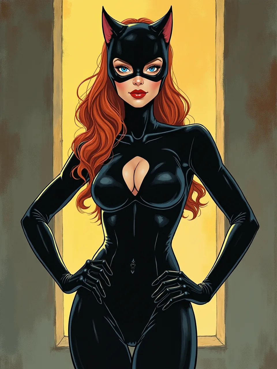Vibrant digital art captures Catwoman in the Casey Weldon style. Bright backlighting illuminates glossy, form-fitting latex textures and rich, flowing hair with comic-book finesse.