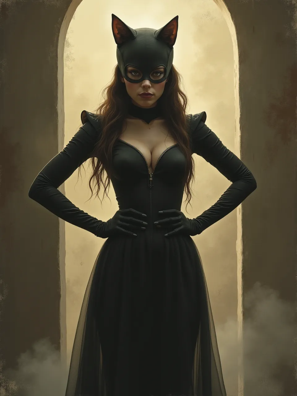 This Flux AI image features Catwoman in the evocative style of Catherine Hyde, a digital painting showcasing dramatic backlighting. It emphasizes rich gothic leather and flowing fabric textures, creating an.