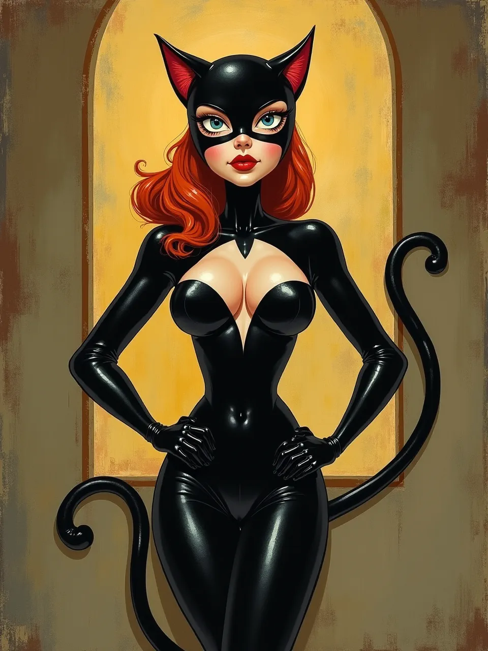 Flux AI presents Catwoman by Catherine Nolin: A vibrant digital painting featuring dramatic lighting and glossy latex textures, epitomizing her unique artistic medium.