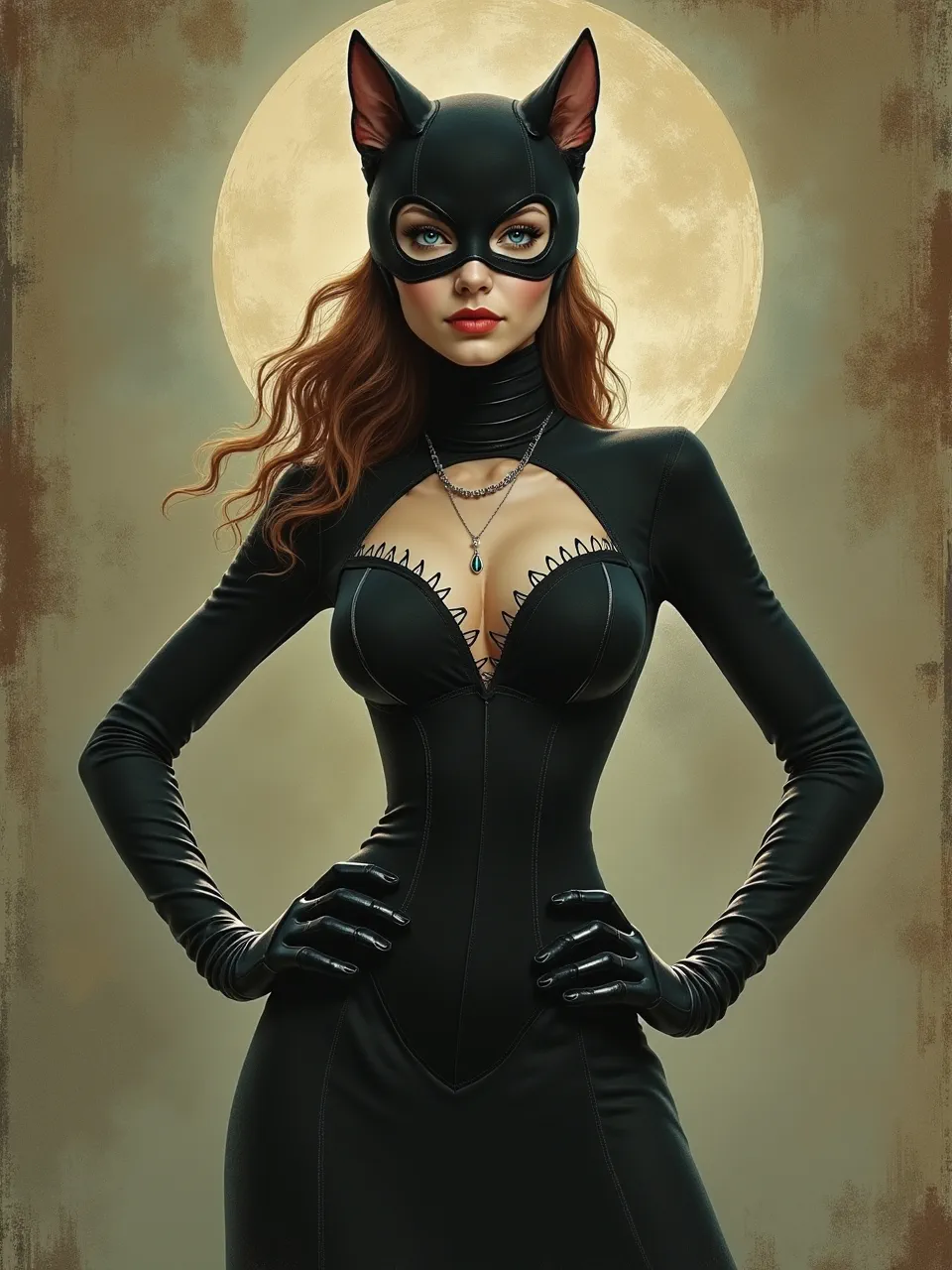 This captivating Catrin Welz-Stein Catwoman digital art features dramatic moonlit lighting, subtly distressed textures, and a haunting mixed-media painting style. An alluring, unique generation.