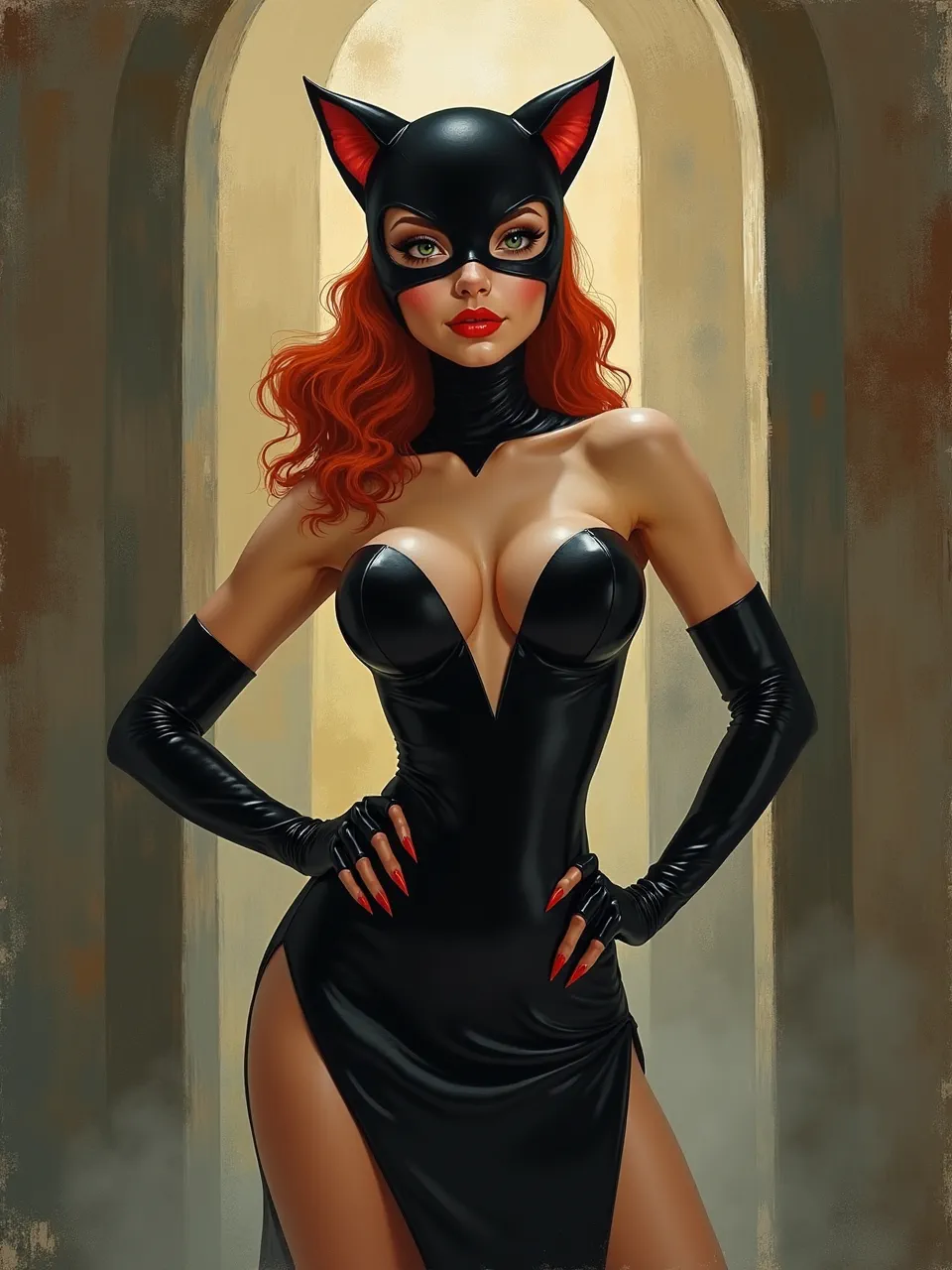 This captivating Catwoman in Charles Camoin's painterly style features luminous lighting emphasizing glossy textures and flowing red hair. A rich oil painting, it showcases bold brushstrokes and vibrant depth.