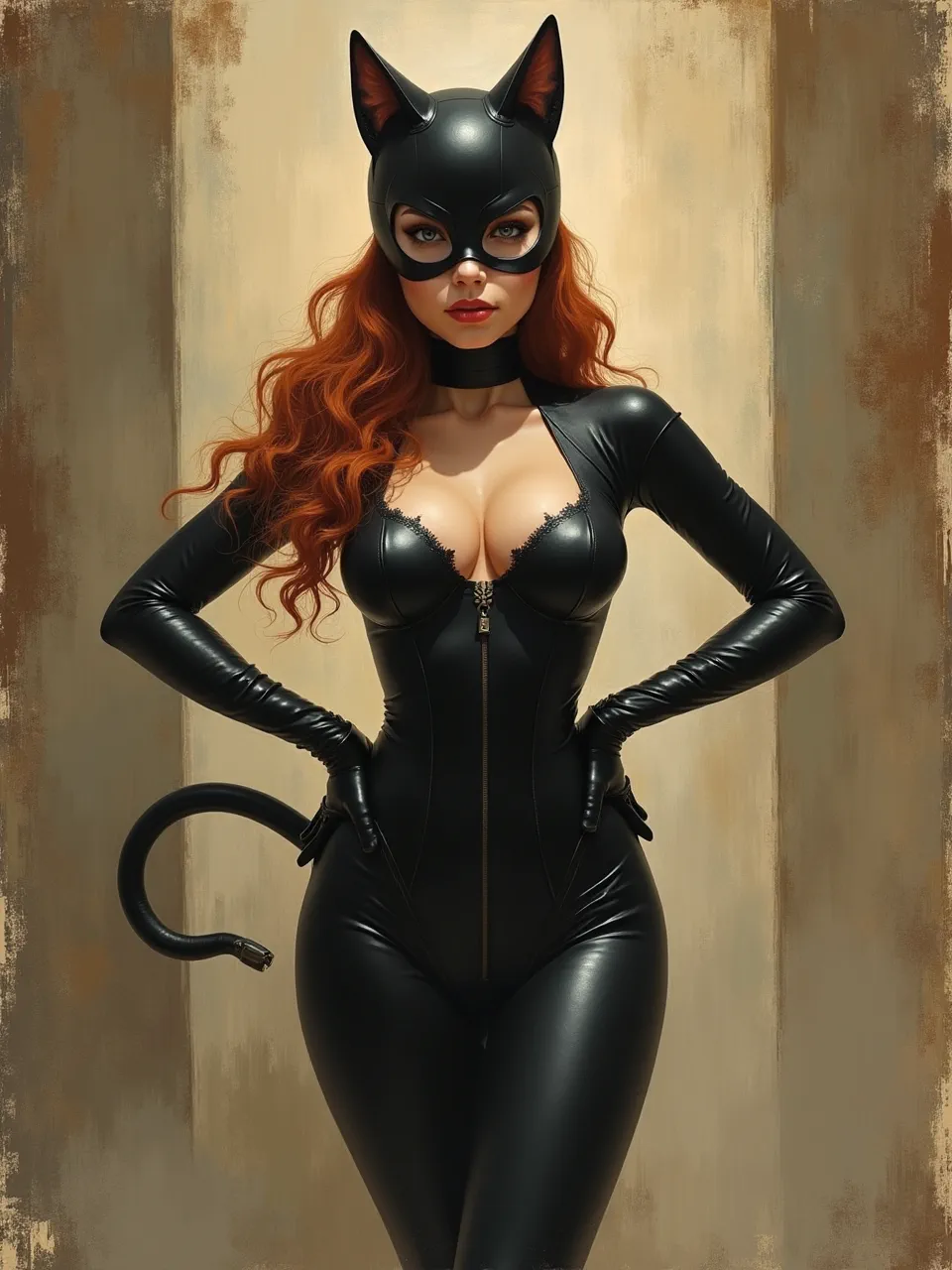 This Charles Conder-style Catwoman generation showcases dramatic lighting illuminating sleek textures. The background evokes a rich oil painting artistic medium, blending classic art with modern mystique.