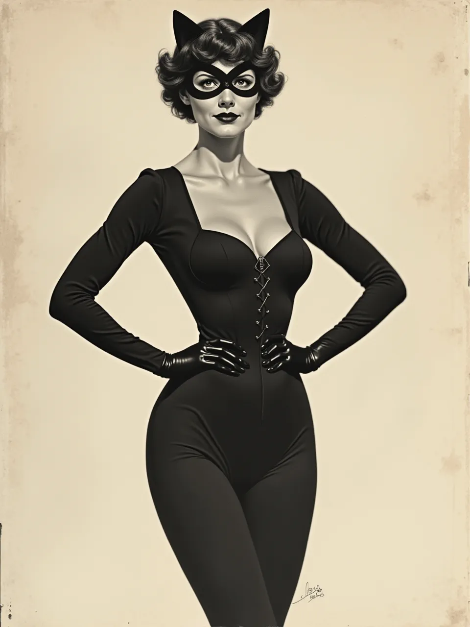 This elegant Catwoman meets Charles Dana Gibson in an AI illustration. Soft lighting, smooth/glossy textures, and timeless black-and-white drawing define this vintage superheroine artwork.