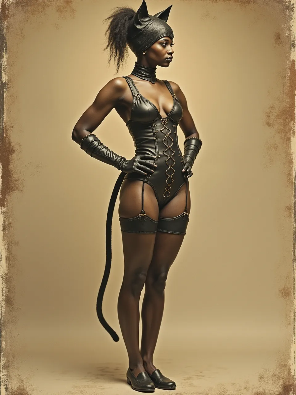 This captivating Catwoman AI art, rendered in Charles Maurice Detmold's evocative style, highlights dramatic lighting on detailed leather textures, creating a stunning classic illustration print.