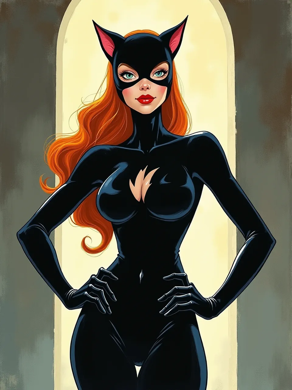 This Flux AI Catwoman generation, inspired by Charles Vess, features vibrant digital painting. Soft backlighting illuminates her sleek suit's textures and flowing red hair, showcasing a masterful illustrative watercolor style.
