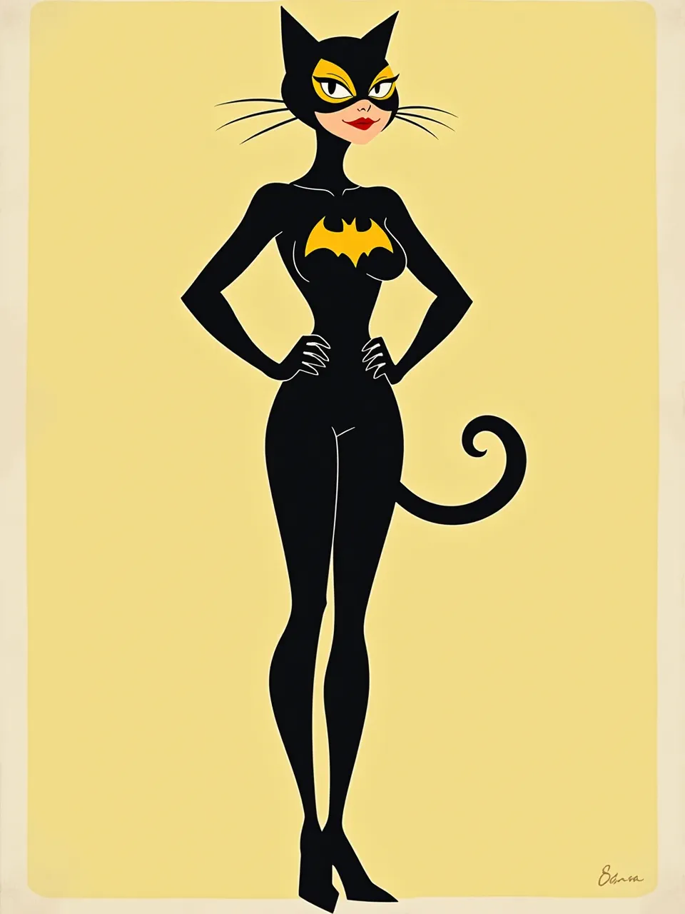 This vibrant Charley Harper style Catwoman digital art features flat, untextured forms and uniform lighting. Crisp lines define her sleek silhouette, capturing an iconic, minimalist aesthetic perfect for comic art.
