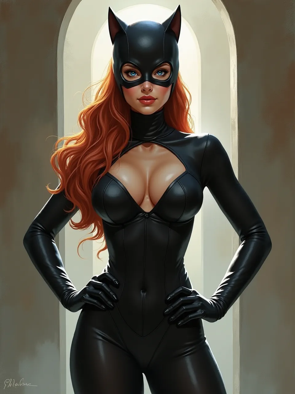 Charlie Bowater's Catwoman, an AI digital painting, features dramatic backlighting, accentuating glossy leather textures and vibrant red hair. This exquisite artistic medium renders stunning detail.