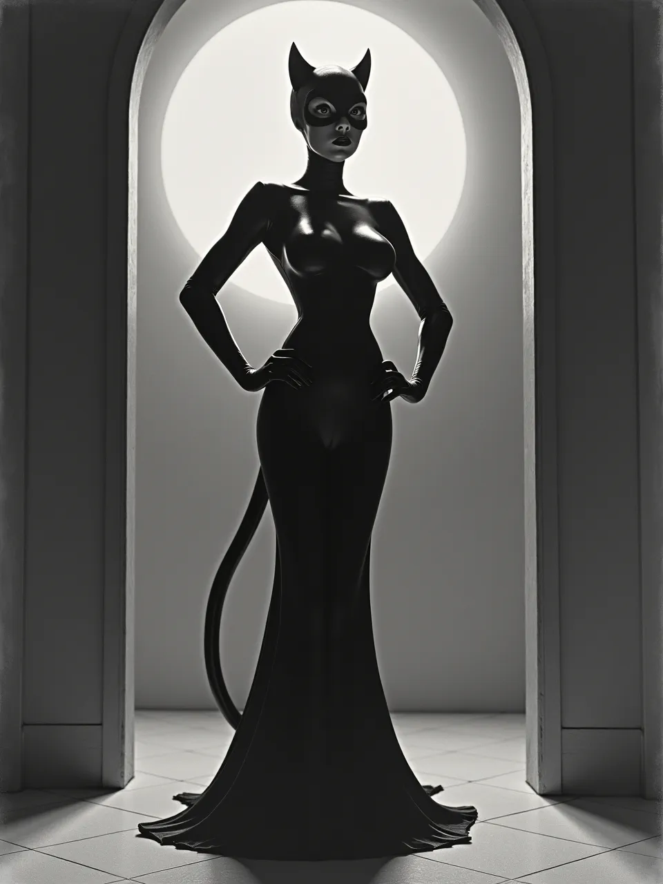 Chesley Bonestell's style illuminates this Catwoman AI generation. Dramatic backlighting accentuates sleek, reflective textures. An illustrative painting focused on profound light-and-shadow dynamics.