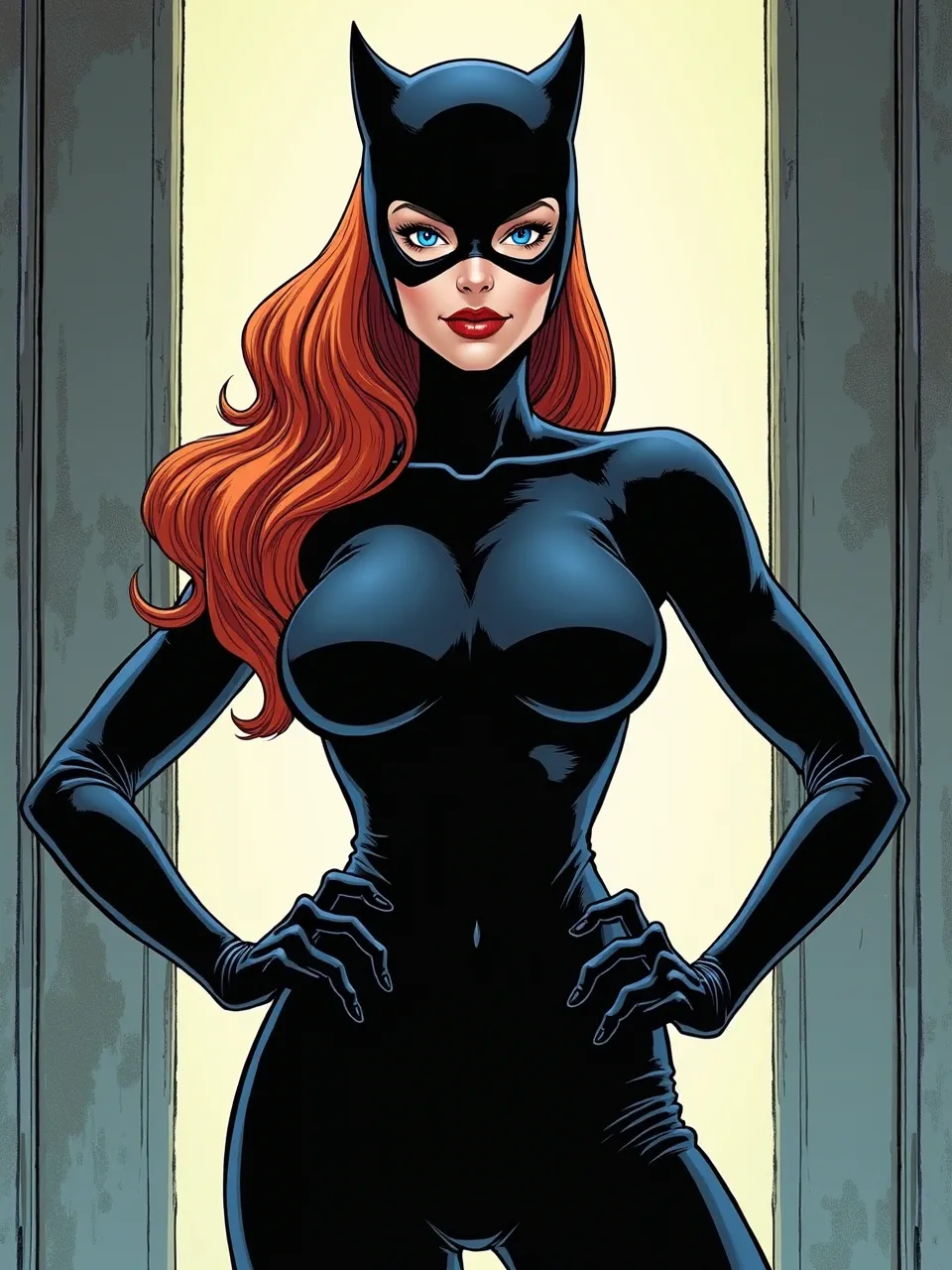 This Catwoman generation, in striking Chris Bachalo comic art style, uses vibrant lighting to highlight sleek, glossy textures. A bold digital illustration.