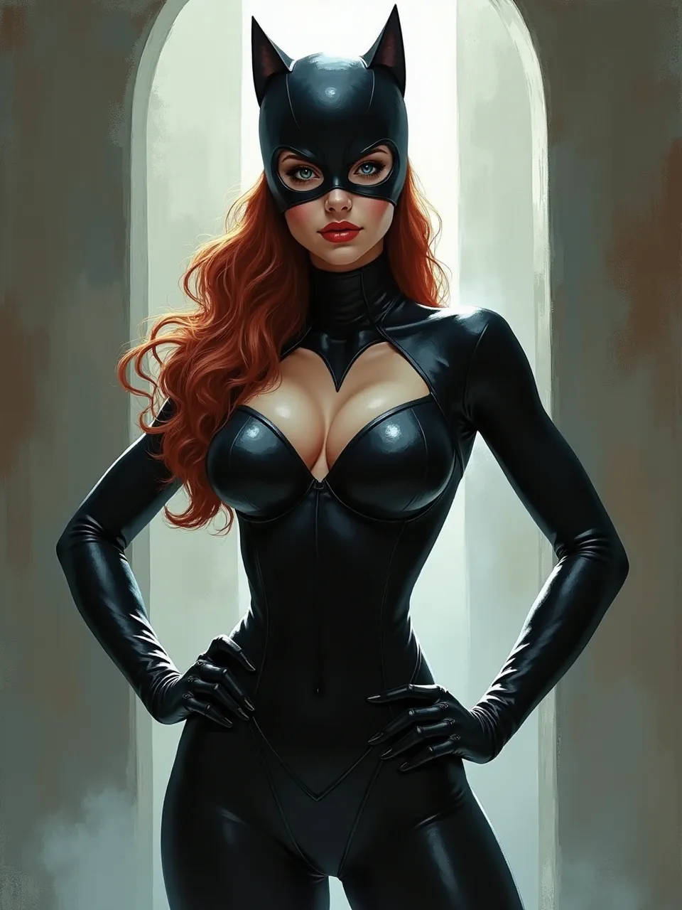 This Chris Cold-inspired Catwoman digital art captivates with dramatic backlighting, shimmering leather textures, and painterly strokes, achieving a moody oil painting aesthetic for the iconic character.