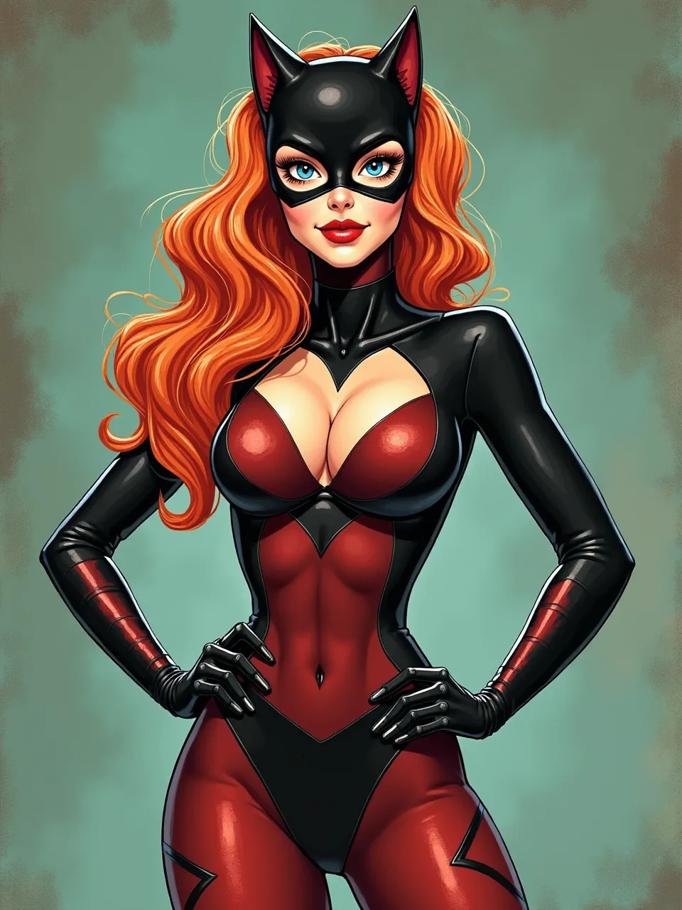 Captivating Flux AI Catwoman in Chris Dyer's vibrant style. Brilliant lighting illuminates glossy, sleek textures within this dynamic digital painting, a modern artistic medium interpretation.