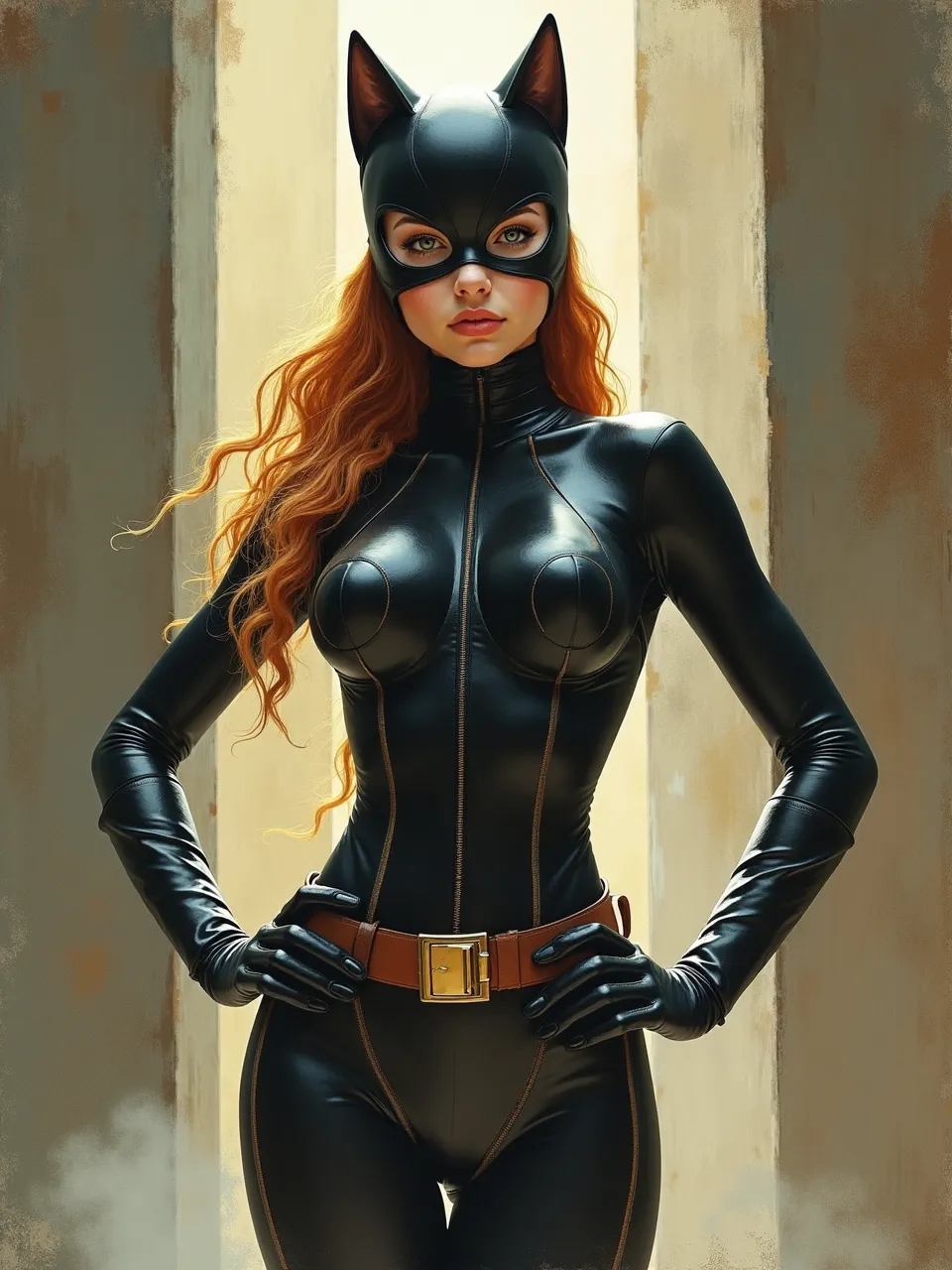 This Flux AI image features Catwoman in the distinct Chris Foss style. Meticulous digital painting captures glossy leather textures and soft, atmospheric lighting, creating a realistic, detailed portrayal of the.