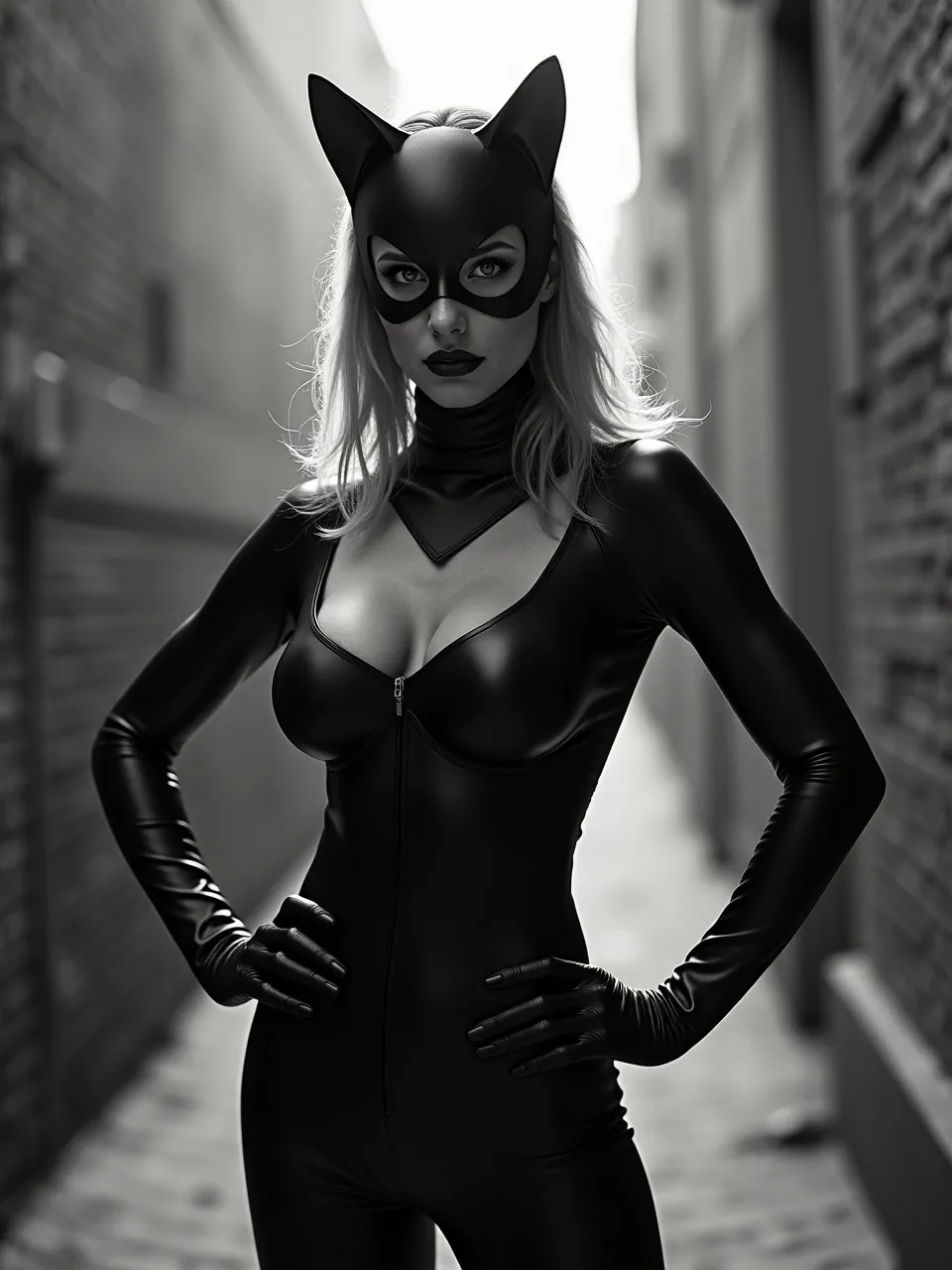 This striking Catwoman generation in Chris Friel's monochrome digital art style features dramatic lighting, accentuating glossy leather textures and sharp, high-contrast details, creating a powerful, iconic image.