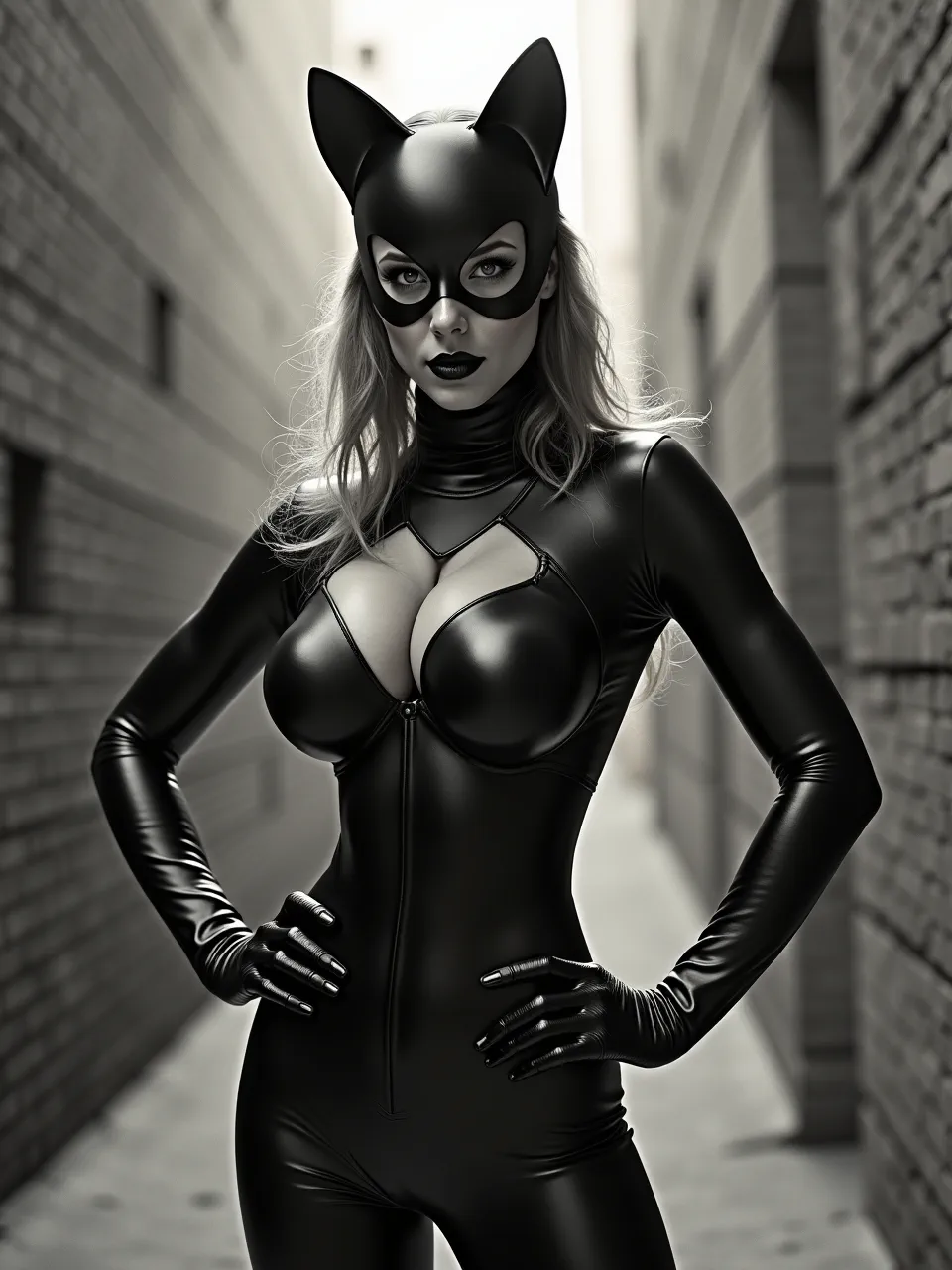 This Flux AI Catwoman, inspired by Chris Mars, features stark lighting emphasizing the sleek, glossy latex textures of her suit. A captivating digital painting with a bold, high-contrast aesthetic.