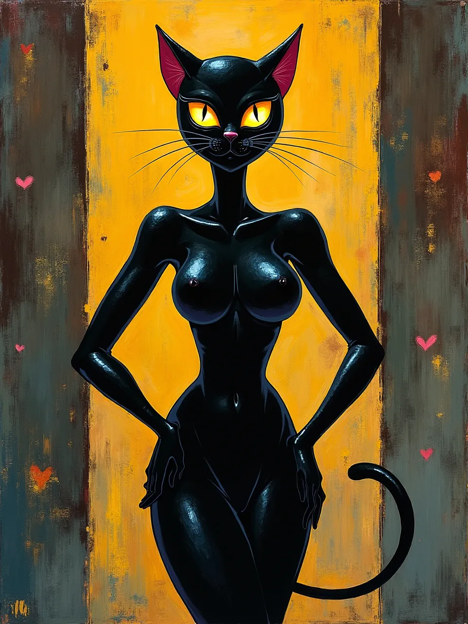This Flux AI *Catwoman* generation, styled by *Chris Ofili*, features dramatic lighting sculpting glossy textures against a vibrant, impasto background. A masterful digital mixed-media artwork.