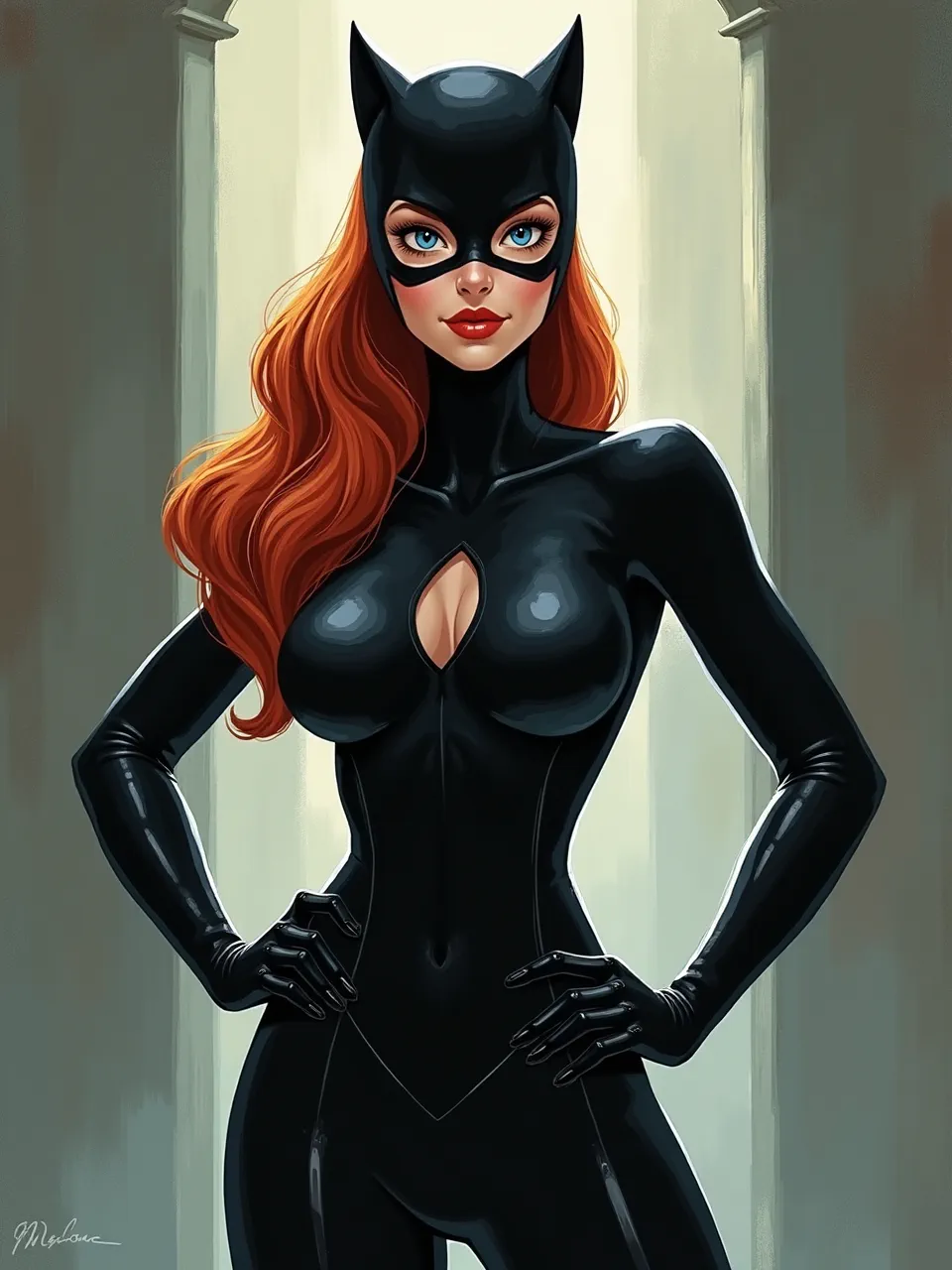 This captivating Flux AI Catwoman generation, in Chris Turnham's distinct digital painting style, masterfully uses atmospheric lighting to accentuate the sleek, glossy textures of her iconic suit.