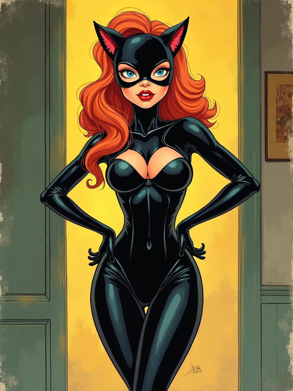 This vivid Chuck Sperry-style Catwoman digital illustration features dramatic backlighting, enhancing the glossy black suit's sleek textures. Vibrant lighting illuminates her iconic pose, a perfect fusion of artistry.
