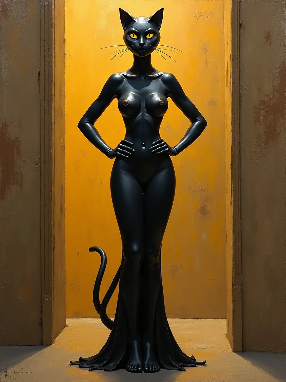 This Flux AI Catwoman reimagines Cimabue's style. Dramatic lighting illuminates glossy black textures, contrasting with fresco-like walls in this striking digital art creation.