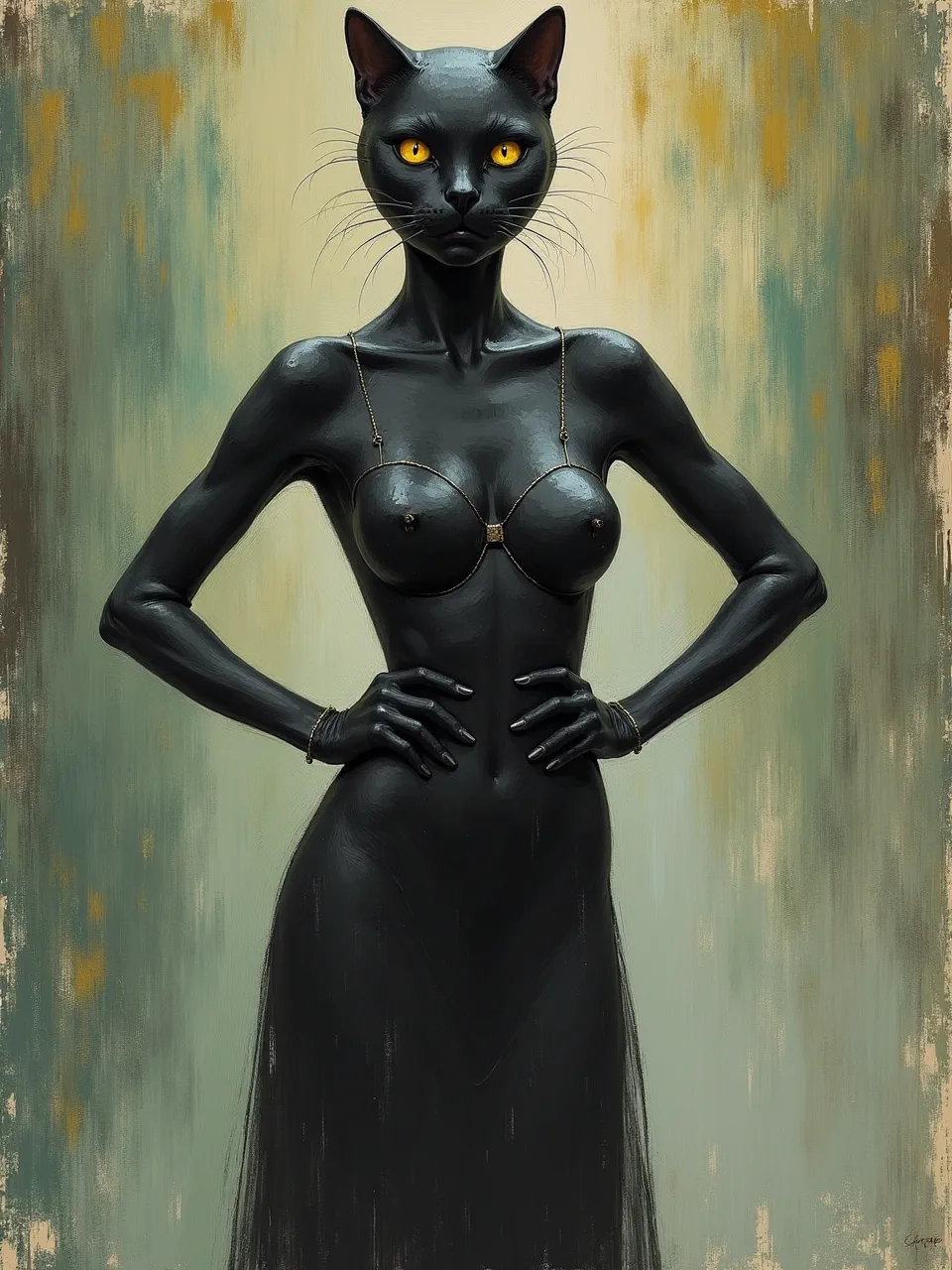 This AI Catwoman, in Claude Monet's impressionistic style, features bold oil painting textures, atmospheric lighting, and visible brushstrokes, a modern artistic medium.