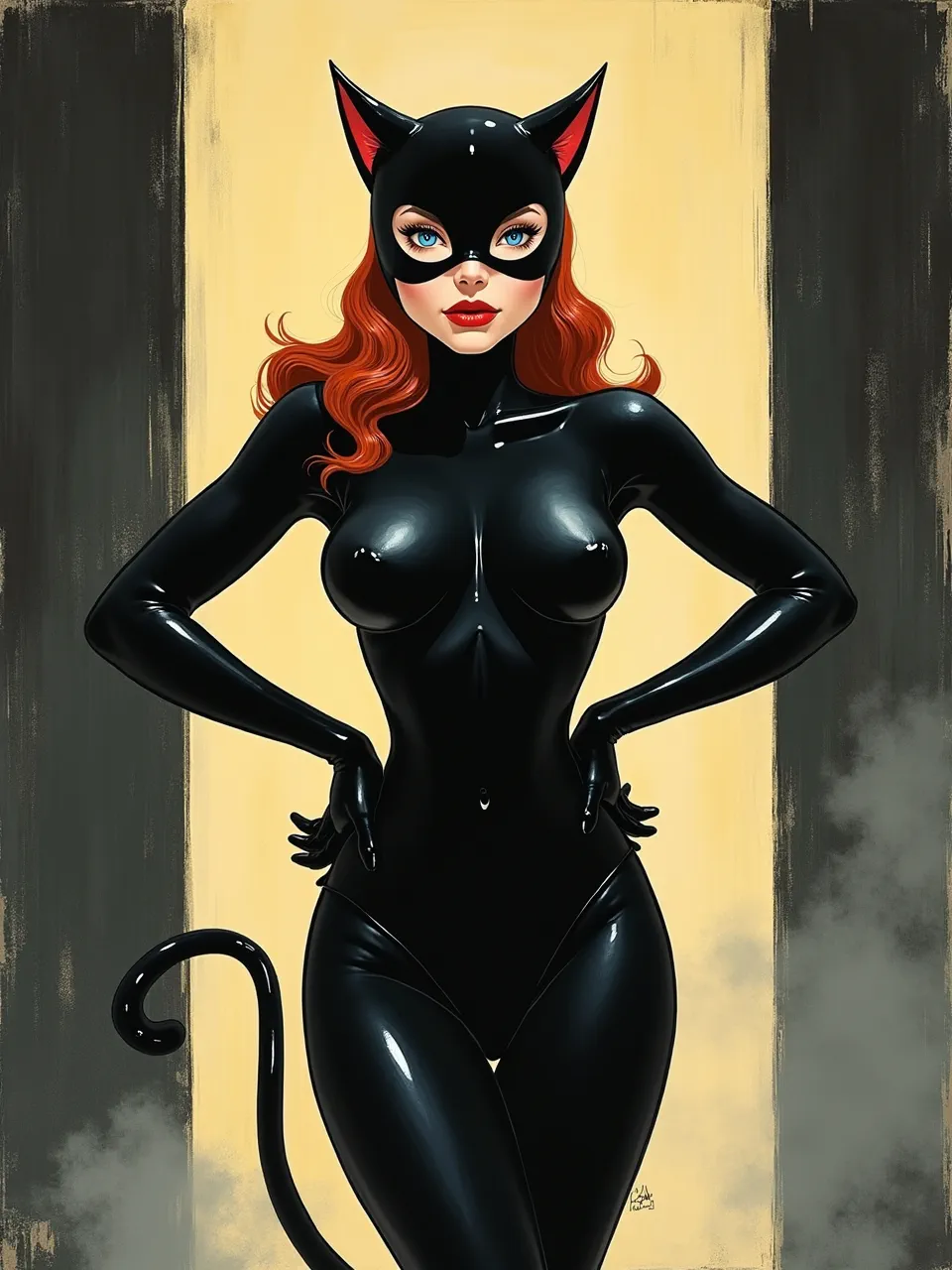 This striking Catwoman AI digital painting, in Cleon Peterson style, highlights dramatic lighting, captivating glossy latex textures, and a vibrant, illustrative artistic medium. Bold superhero art.