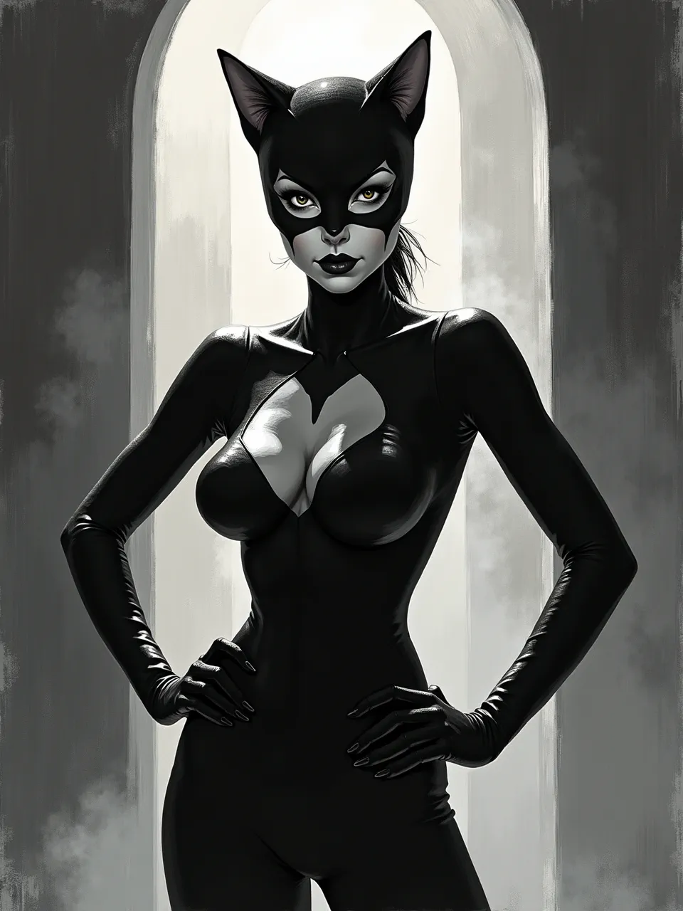 This Flux AI digital painting merges Clive Barker's dark vision with Catwoman. Stark lighting and eerie textures evoke gothic horror, a monochrome masterpiece with unsettling details, perfect for collectors.