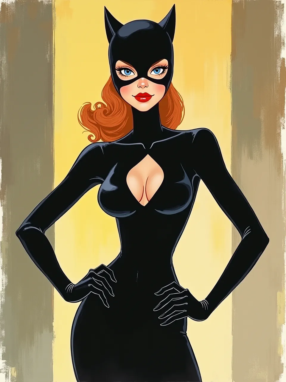 This vibrant Coby Whitmore-inspired Catwoman illustration, showcasing sleek, glossy textures and dramatic lighting. This retro pin-up style is rendered with digital art precision.