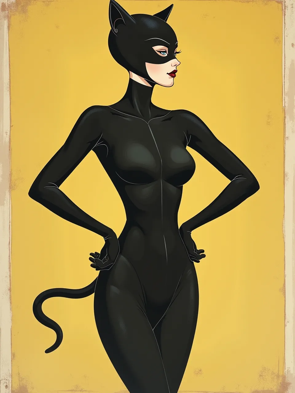 This stunning Catwoman illustration, in the iconic Coles Phillips pin-up style, features sleek, glossy textures rendered with soft, dramatic lighting. Bold lines and a vintage artistic medium enhance this captivating.