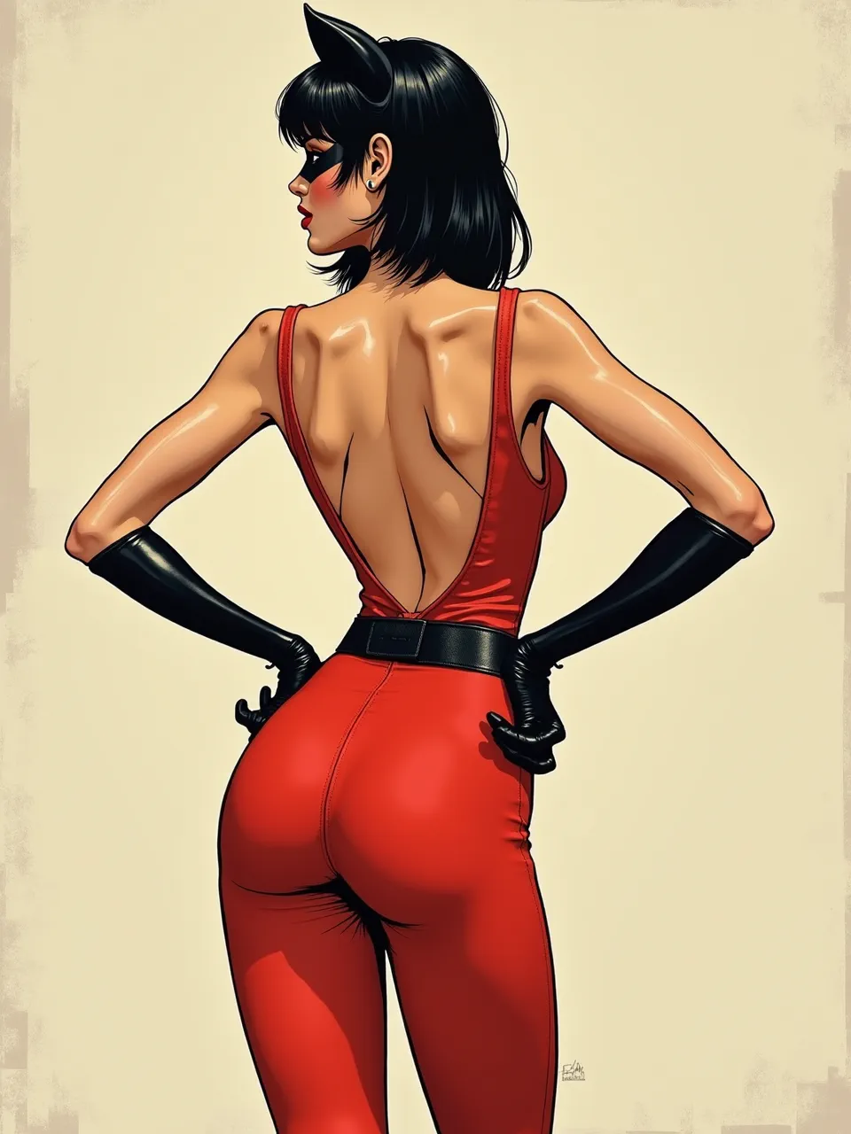 A dynamic Catwoman, rendered in Conrad Roset's distinctive digital paint style, showcases dramatic lighting and slick, glossy textures across her form-fitting red suit and skin.