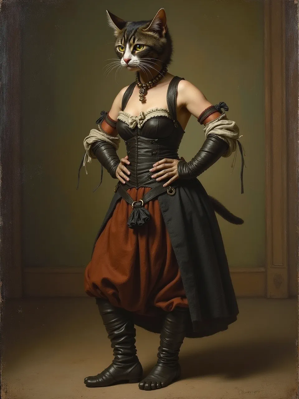 This Flux AI Catwoman generation, rendered in Cornelis de Heem's style, masterfully uses dramatic oil painting lighting and sumptuous textures, creating a captivating digital portrait.