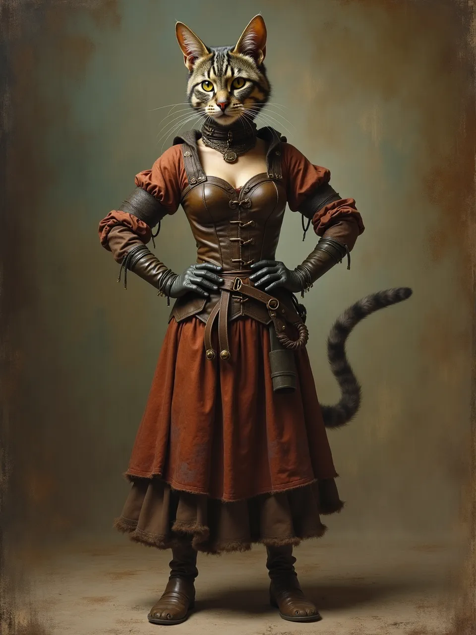 This AI-generated Catwoman, in Cornelis Saftleven's style, features evocative lighting emphasizing rich, painterly textures of leather and fur, truly an oil painting masterpiece.