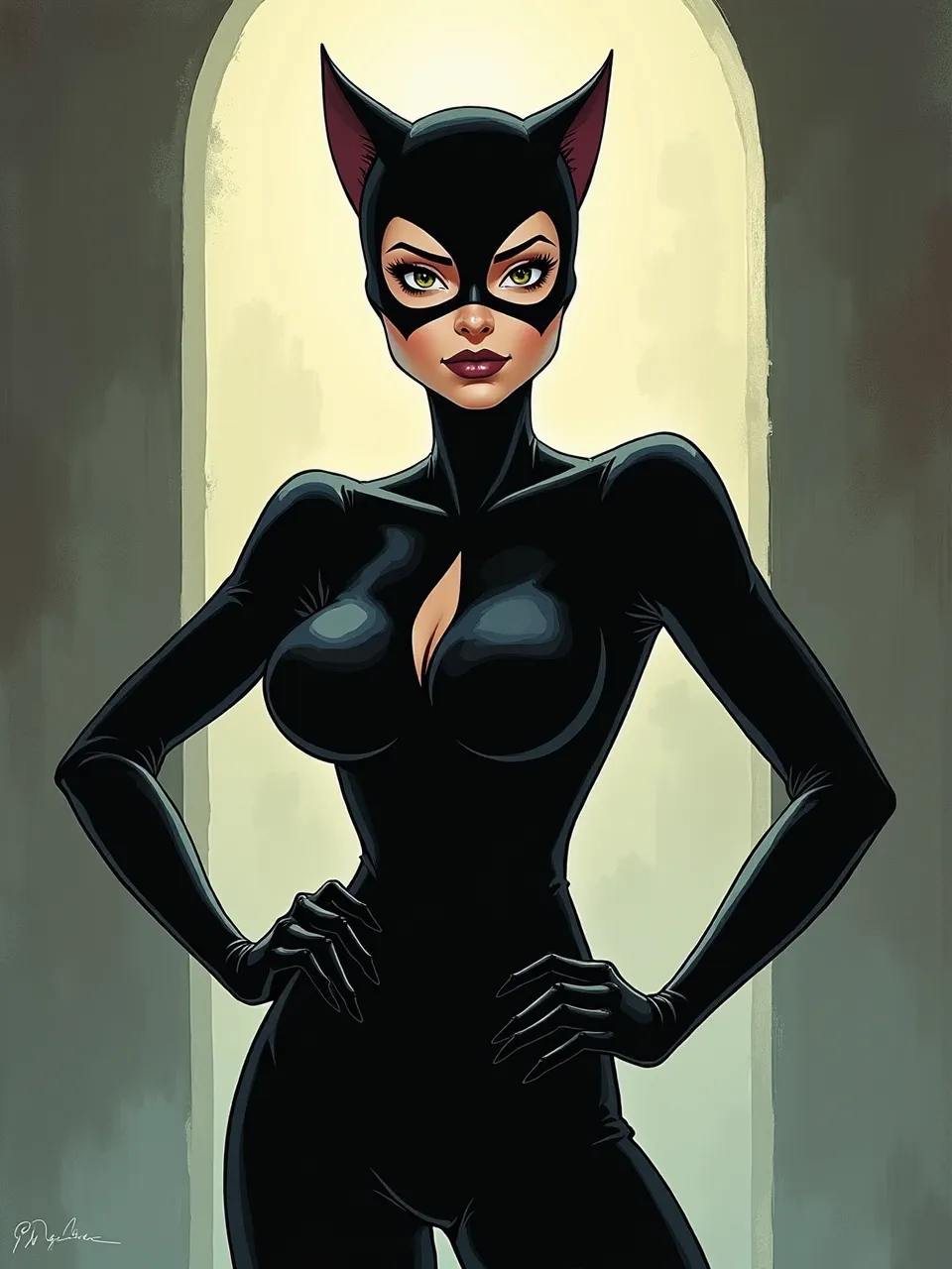 Cory Loftis's stylized Catwoman digital painting pops with dramatic backlighting and sleek, glossy suit textures. This vibrant illustration perfectly captures the iconic character's essence through precise lines and dynamic lighting.
