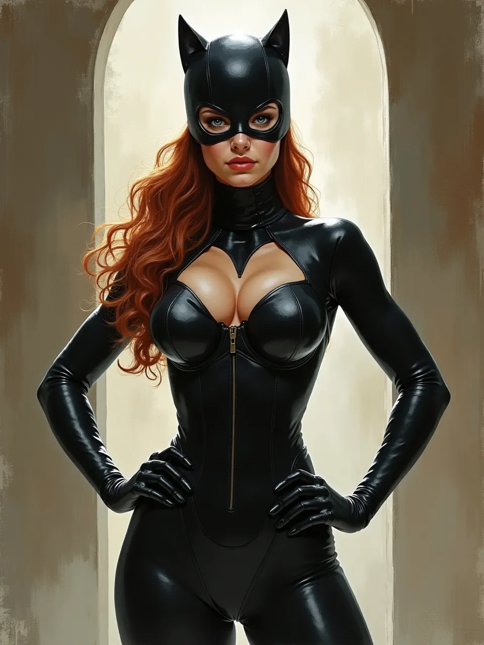 This vibrant Catwoman digital painting in the style of Craig Davison, featuring dramatic lighting and glossy leather textures. This artistic medium creates a powerful, iconic visual.